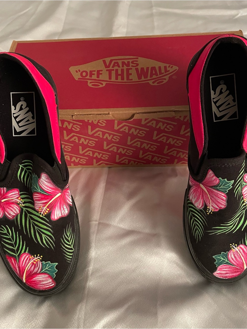 Vans Hand painted Black Slip-On Sneakers with Pink Floral Print - Picture 2 of 5